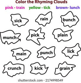 Rhyming words, color the rhyming words, worksheet for kids pre primary, primary level, new educational concept 