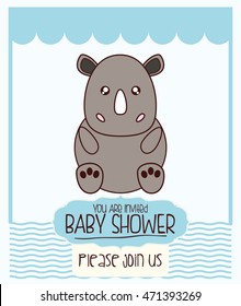 Rhyno cute animal cartoon baby shower card icon. Colorful and flat design. Vector illustration