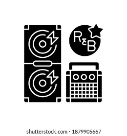 Rhythm and blues black glyph icon. Huge loudspeaker. Song tune instructions. Modern musical genres. Mixer types. Event settings. Silhouette symbol on white space. Vector isolated illustration