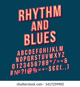 Rhythm and blues vintage 3d vector lettering. Retro bold font, typeface. Pop art stylized text. Old school style letters, numbers, symbols pack. 90s, 80s poster, banner. Prussian color background