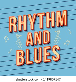 Rhythm and blues vintage 3d vector lettering. Retro bold font, typeface. Pop art stylized text. Old school style letters. 90s, 80s poster, banner, t shirt typography design. Baby blue color background