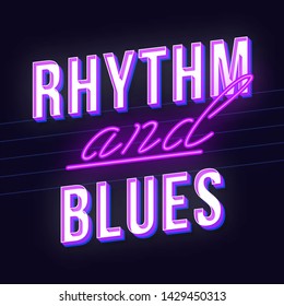 Rhythm and blues vintage 3d vector lettering. Retro bold font, typeface. Pop art stylized text. Old school style neon light letters. 90s, 80s poster, banner. Dark violet color background