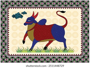 Rhythm of Devotion: A Vibrant Gond Representation of Nandi (em inglês).: A Vibrant Gond Representation of Nandi. Pintura Gond Nandi, arte folclórica indiana Nandi, arte Tribal Nandi, arte de deus hindu, pintura Gond vida selvagem.