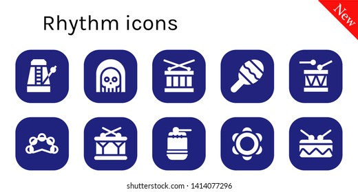 rhythm icon set. 10 filled rhythm icons.  Collection Of - Metronome, Death, Drum, Maraca, Tambourine