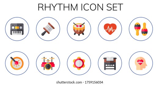 rhythm icon set. 10 flat rhythm icons.  Simple modern icons such as: piano, drum, cabasa, tambourine, cardiogram, maracas