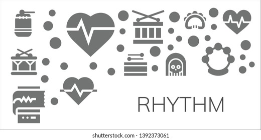 rhythm icon set. 11 filled rhythm icons.  Collection Of - Drum, Heartbeat, Cardiogram, Death, Tambourine