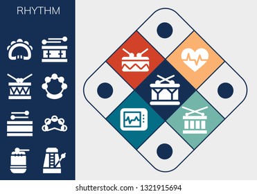 rhythm icon set. 13 filled rhythm icons.  Collection Of - Drum, Metronome, Tambourine, Cardiogram, Electrocardiogram