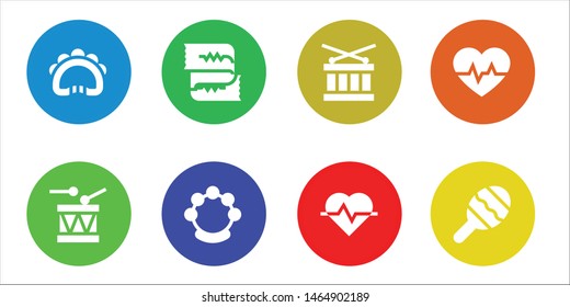 rhythm icon set. 8 filled rhythm icons.  Collection Of - Tambourine, Drum, Cardiogram, Maraca