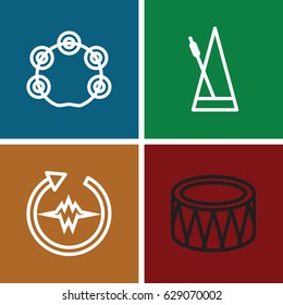 Rhythm icons set. set of 4 rhythm outline icons such as drum, metronome, tambourine
