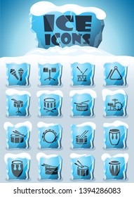 rhythm instruments vector icons frozen in transparent blocks of ice
