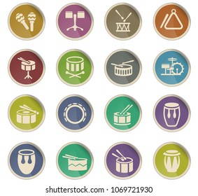 rhythm instruments web icons in the form of round paper labels