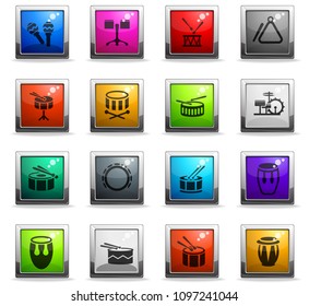 rhythm instruments web icons in square colored buttons for user interface design