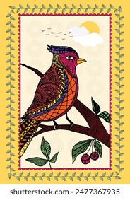 Rhythm of Nature: A Captivating Madhubani Tapestry - Bird Amongst Lush Foliage. Madhubani painting, Indian folk art, Traditional wall decor, Tree and bird art, Handcrafted Indian painting. 