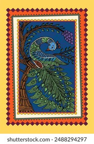 Ritmo de la lluvia: un cautivante tapiz madhubani - pavo real bailando bajo la lluvia. Arte Madhubani, pintura sari Madhubani, arte popular indio pavo real, cultura Madhubani, decoración de la pared, hecho a mano.