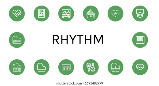 rhythm simple icons set. Contains such icons as Heartbeat, Ecg, Electrocardiogram, Piano, Heart rate, Drums, Drum, Maracas, can be used for web, mobile and logo