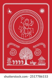 Rhythm of Victory: A Vibrant Warli Tapestry of Durga Devi. Warli Durga Devi painting, Indian folk art Durga Devi, Tribal goddess artwork, Warli religious art, Warli mythological painting.