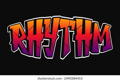 Rhythm word trippy psychedelic graffiti style letters.Vector hand drawn doodle cartoon logo Rhythm illustration. Funny cool trippy letters, fashion, graffiti style print for t-shirt, poster