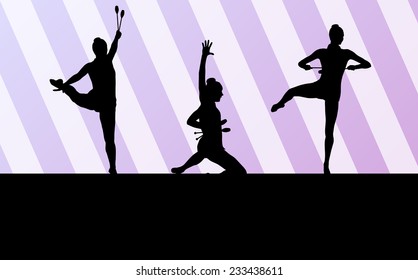 Rhythmic art gymnastics woman with clubs vector background concept