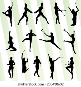 Rhythmic art gymnastics woman with clubs vector background set