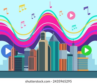 Rhythmic cityscape vector illustration. Modern city with high-rise buildings and sound wave with music notes on background. City and music concept