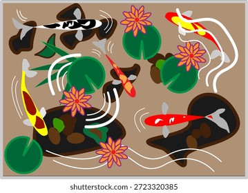 Una danza rítmica de color congelado en el tiempo. Esta pieza reimagina un estanque tradicional de koi como un patio de recreo de Formas geométricas y contornos audaces. Los koi rojos azafrán y negros tinta cortan el agua de color bronceado, dejando tras de sí elegantes estelas blancas. En medio de las almohadillas circulares de lirio, las flores de loto en flor actúan como anclajes de simetría, creando un equilibrio armonioso entre el movimiento fluido del pez y la quietud de la flora.