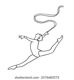 Rhythmic gymnast air split with ribbon. drawing with line art. simple design. vector illustrations