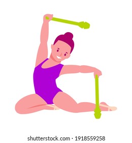 Rhythmic gymnast with a clubs . Little girl in a gymnastic leotard. Vector illustration in flat cartoon style. Isolated on a white background.