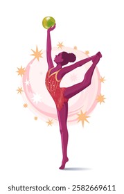 Rhythmic gymnast girl  with dark skin holds a green ball in a position with her leg up and wearing shiny leotard, stars background. Flat vector illustration in pink purple colors	