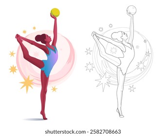 Rhythmic gymnast girl with dark skin holds a yellow ball in a position with her leg up and wearing shiny leotard. Coloring page flat vector illustration.