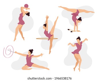 Rhythmic gymnast with hoop, ball, clubs, ribbon. Set of women athlete in outfit with gymnastic equipment performs rhythmic gymnastics elements. Flat vector illustration.