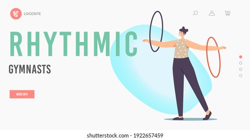 Rhythmic Gymnast Landing Page Template. Female Character Performing Gymnastics Elements with Hula Hoop Girls Wearing Costume Dancing on Circus Stage or Sports Competition. Cartoon Vector Illustration