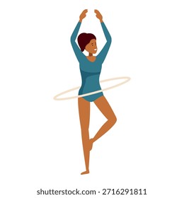 Rhythmic gymnast performing a routine with hoop, balancing gracefully on one leg, showcasing flexibility and skill