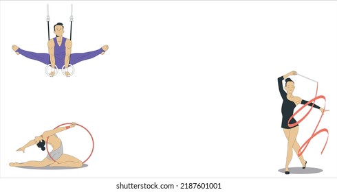 Rhythmic Gymnast In Professional Arena. Rhythmic Gymnastics World Championship. Male Gymnast Catching Gymnastic Rings. Still Rings Exercise Athlete Gymnast To Competition In Gymnastics