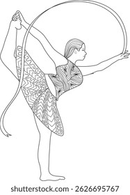 Ginasta Rítmica com Fita e Arco - Line Art, ilustração de arte de linha de um ginasta rítmica realizando uma pose flexível com uma fita e aro. Apresenta padrões abstratos decorativos no collant.
