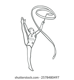 Rhythmic gymnast ribbon performance. Simple design. Drawing. Isolated on white background. Vector illustration