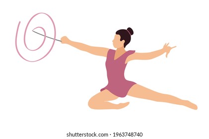 Rhythmic gymnast with ribbon. Woman athlete in outfit with gymnastic equipment performs rhythmic gymnastics elements. Flat vector illustration.