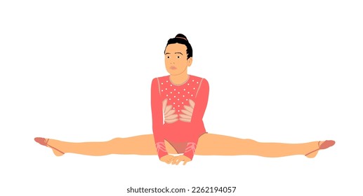 Rhythmic gymnastic girl on the floor doing twine vector silhouette illustration isolated on white background. Athlete woman in gym exercise. Worming up before ballet dancer training. Flexible lady.