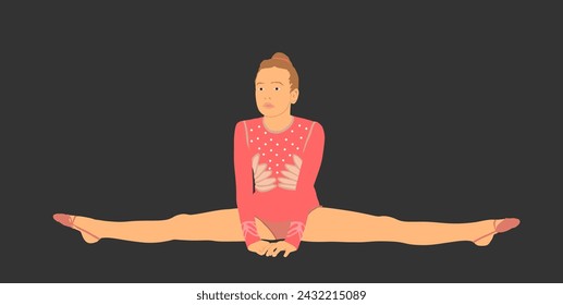 Rhythmic gymnastic girl on the floor doing twine vector silhouette illustration isolated on background. Athlete woman in gym exercise. Worming up before ballet dancer training. Flexible lady.