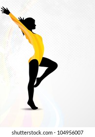 Rhythmic gymnastic girl silhouette on colorful wave and grunge background. EPS10.