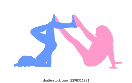 Rhythmic gymnastic girls mat exercises bicycle pose on floor vector silhouette illustration isolated on white. Warming up. Body strain racking art pose. Active healthy sport life. Stretching for game.