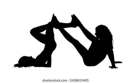 Rhythmic gymnastic girls mat exercises bicycle pose on floor vector silhouette illustration isolated on white. Warming up. Body strain racking art pose. Active healthy sport life. Stretching for game.