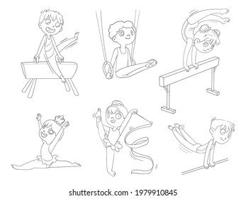 Rhythmic gymnastics. Artistic gymnastics ( Balance beam, Still rings, Pommel horse, Horizontal or high bar ). Cartoon characters. Funny vector illustration. Coloring book. Isolated on white background