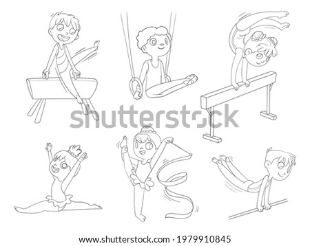 Rhythmic gymnastics. Artistic gymnastics ( Balance beam, Still rings, Pommel horse, Horizontal or high bar ). Cartoon characters. Funny vector illustration. Coloring book. Isolated on white background
