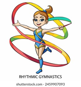 Rhythmische Gymnastikathlet isoliert auf weißem Hintergrund im Cartoon-Stil. Spielemusiken 2024. Vektorillustration.