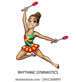 Deportista de gimnasia rítmica aislado sobre fondo blanco en estilo de dibujos animados. Juegos de verano 2024. Ilustración vectorial.