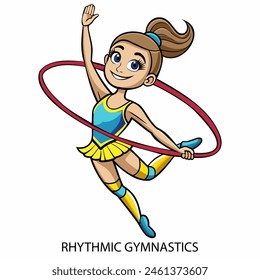 Rhythmische Gymnastikathlet isoliert auf weißem Hintergrund im Cartoon-Stil. Spielemusiken 2024. Vektorillustration.