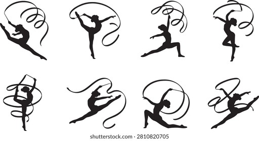 Rhythmic gymnastics athletes performing elegant jumps and routines with ribbons