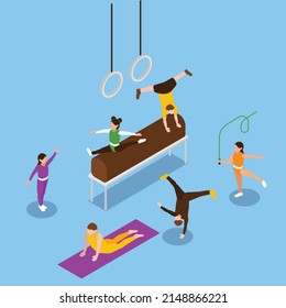 Rhythmic gymnastics - balance beam, still rings, pommel horse isometric 3d vector illustration concept