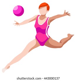 Rhythmic Gymnastics Ball Athletes Sportswoman Games Icon Set. 3D Isometric Athlete. Sporting Championship People Set Competition. Sport Infographic Rhythmic Gymnastics Ball events Vector Image