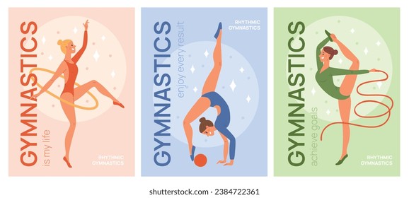 Tarjetas de gimnasia rítmica. Joven atletas de dibujos animados con pelota, aro y cinta. Personajes deportivos femeninos de acróbata. Las mujeres poses flexibles. Competencia de acrobacias